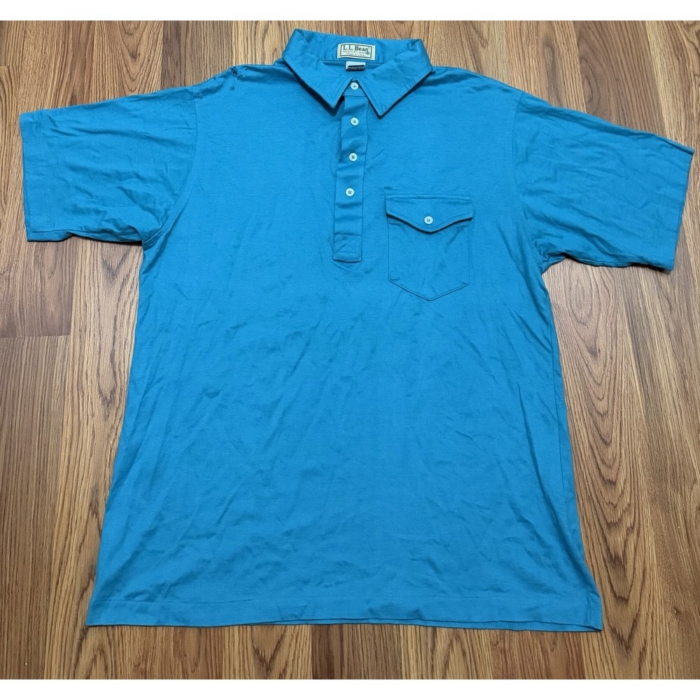 L.L.Bean Polo Shirt Mens Large Vintage Lisle Flap Pocket Made In USA Teal